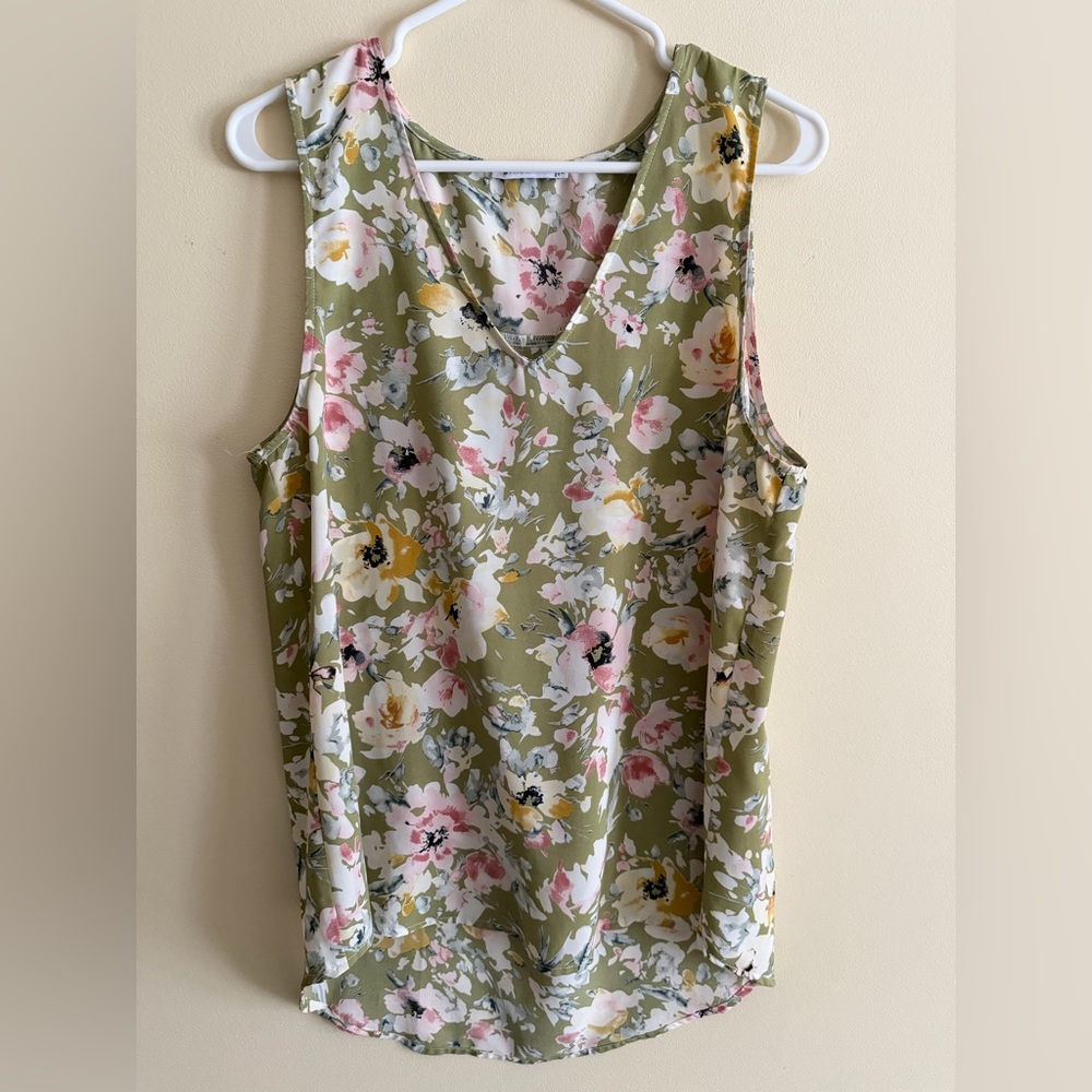 Staccato Floral Tank Top - Olive and Pink